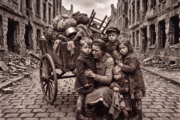 Schlesien, 1945, Vertreibung, weinende Frau mit 5 Kindern, Bild KI-generiert