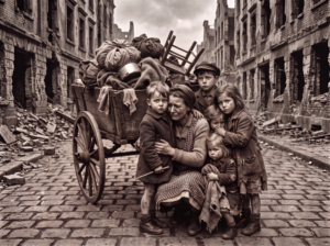 Schlesien, 1945, Vertreibung, weinende Frau mit 5 Kindern, Bild KI-generiert