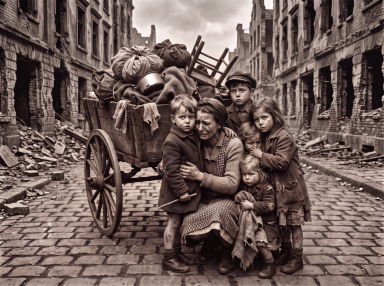Schlesien, 1945, Vertreibung, weinende Frau mit 5 Kindern, Bild KI-generiert