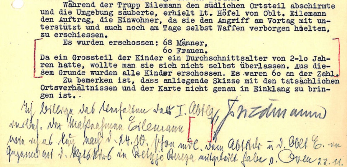 Ausschnitt 2. Seite des Berichts der I. Abteilung des 156. Artillerie-Regiments vom 15.11.1941, unterzeichnet Hauptmann Theodor Friedmann, Kommandeur der I. Abteilung